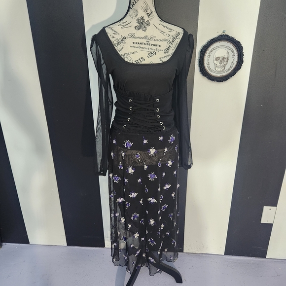 Free People Black Mesh Midi Skirt with Purple Floral Embroidery - Picture 2 of 10